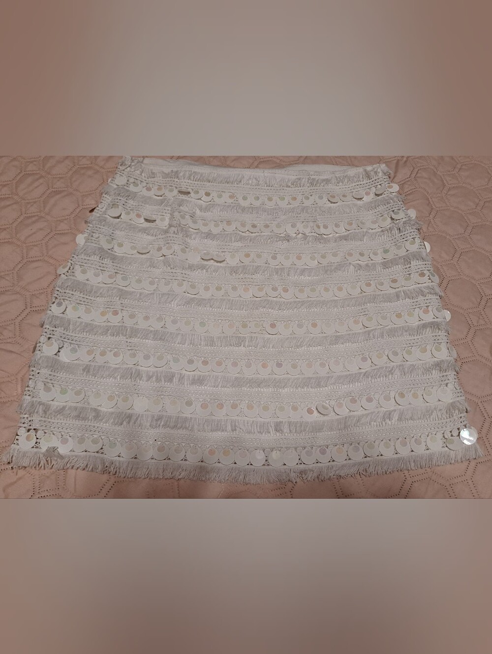 Boston Proper White Sequined Fringe Mini Skirt Sz 12